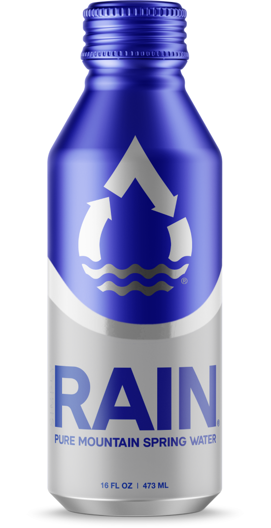 RAIN, canned spring water. 16oz aluminum bottle with RAIN raindrop logo and text: Pure Mountain Spring Water. Plastic free water