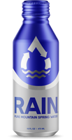 RAIN, canned spring water.  16oz aluminum bottle with RAIN raindrop logo and text: Pure Mountain Spring Water.  Plastic free water 