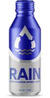 RAIN, canned spring water. 16oz aluminum bottle with RAIN raindrop logo and text: Pure Mountain Spring Water. Plastic free water