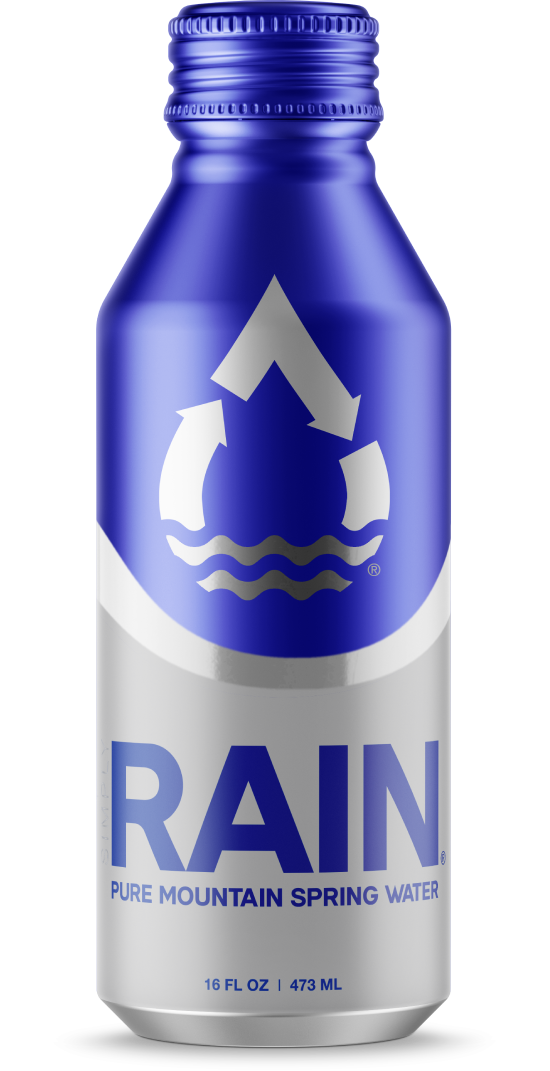 RAIN, canned spring water.  16oz aluminum bottle with RAIN raindrop logo and text: Pure Mountain Spring Water.  Plastic free water 